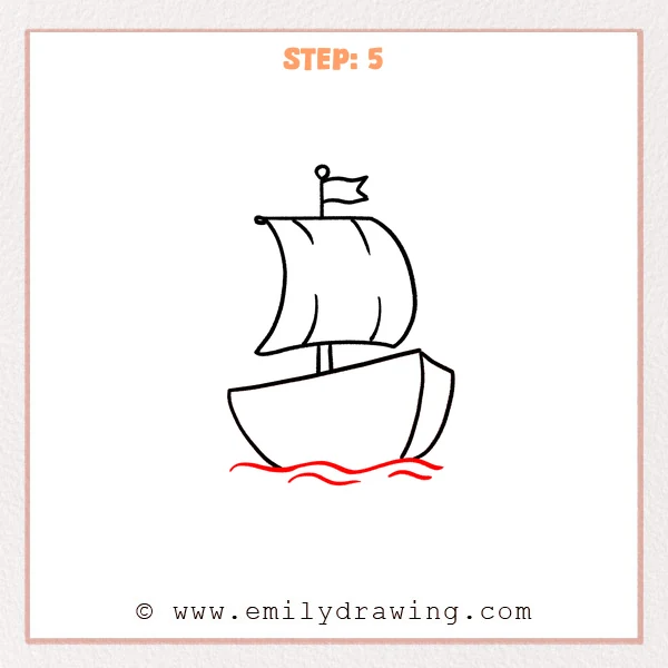 how to draw a cartoon boat - A cartoon boat sailing scene with a simple hull and sail, now floating above a few wavy water lines.